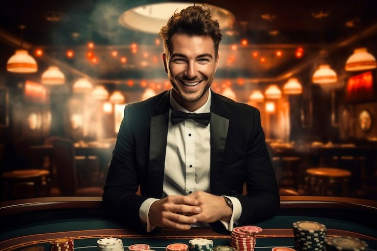 Dealer profesional membagikan kartu di meja Casino Hold'em topdewa