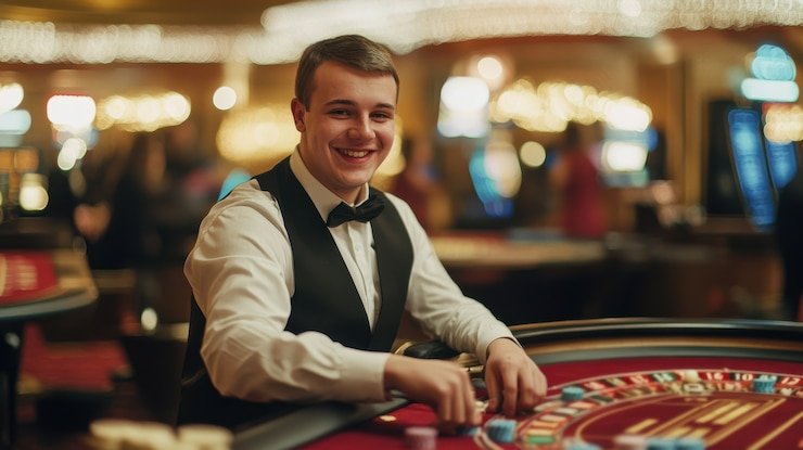 Kartu komunal dibuka bertahap di setiap putaran Kartu komunal dan area taruhan di meja Casino Hold'em